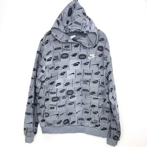 Nike Boys XL Gray Hoodie Pullover Allover Logo Print Black Athletic Sweatshirt